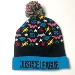 Kids Justice League Hat Pom Pom Winter Ski Hat Superman, Batman, Flash Logos